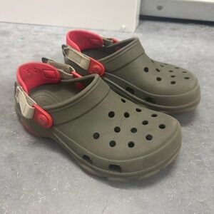 CROCS Kids Olive Green with Beige Velcro Straps & Red Back